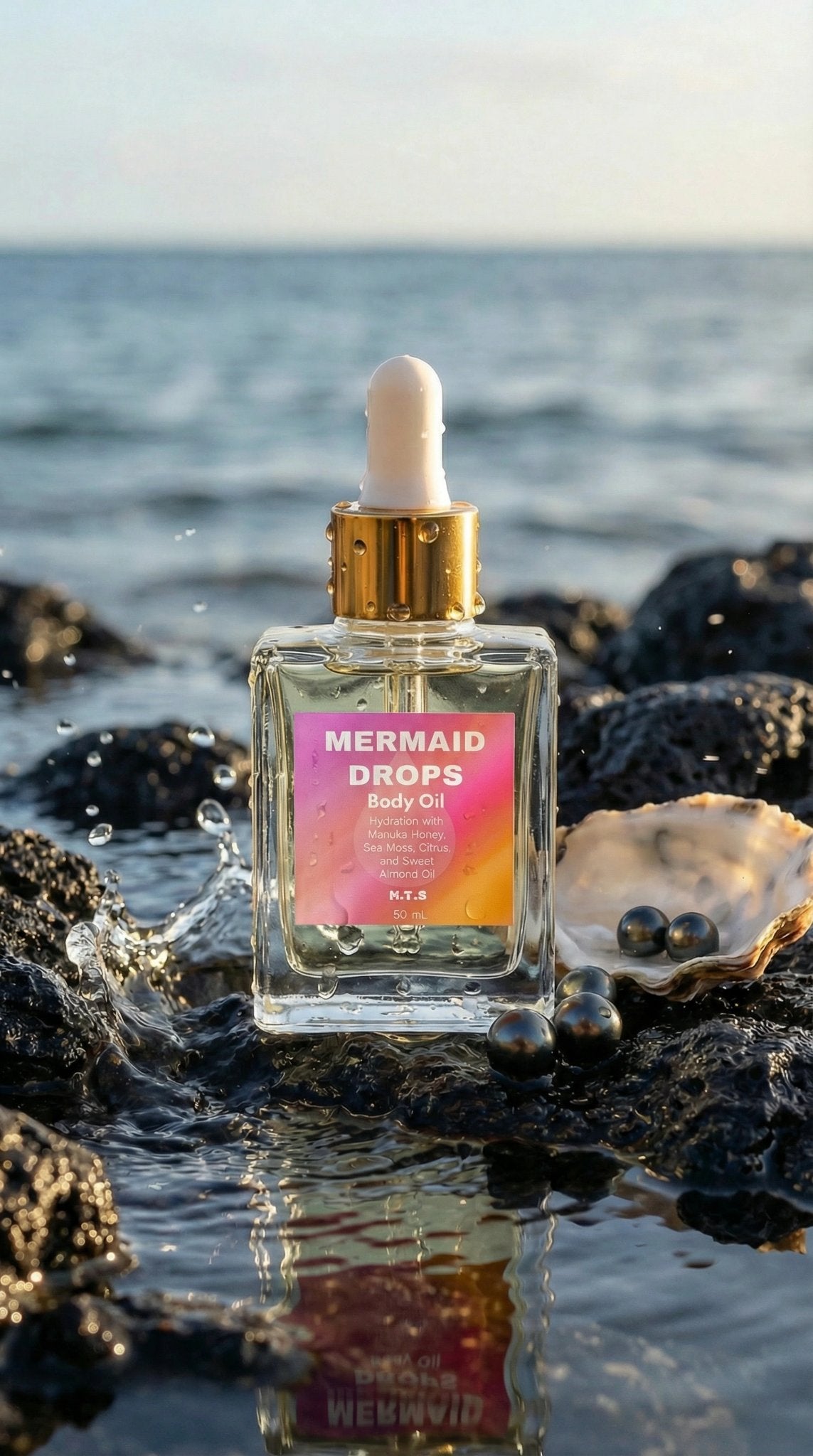 Mermaid Drops Body Oil on ocean rocks beside an oyster shell and black pearls
